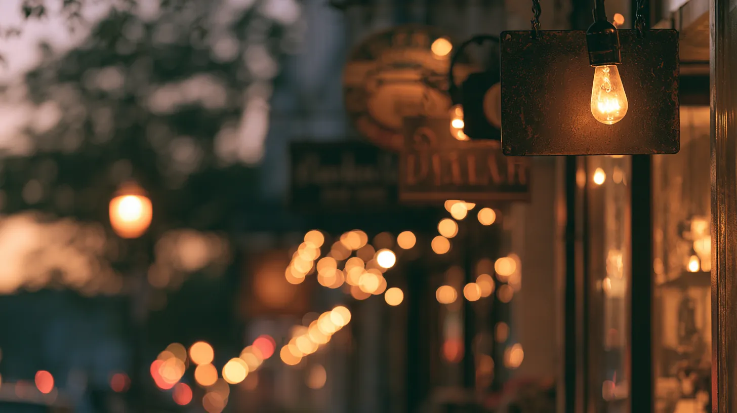 Row of small American storefront signs glowing at dusk, representing alternative pay later providers