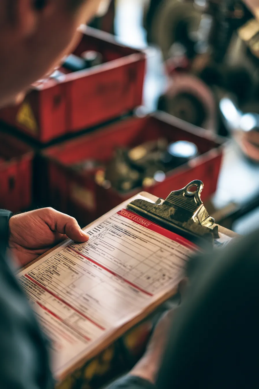 Service estimate sheet on a clipboard held in a workshop, the written estimate that slows the repair hour down