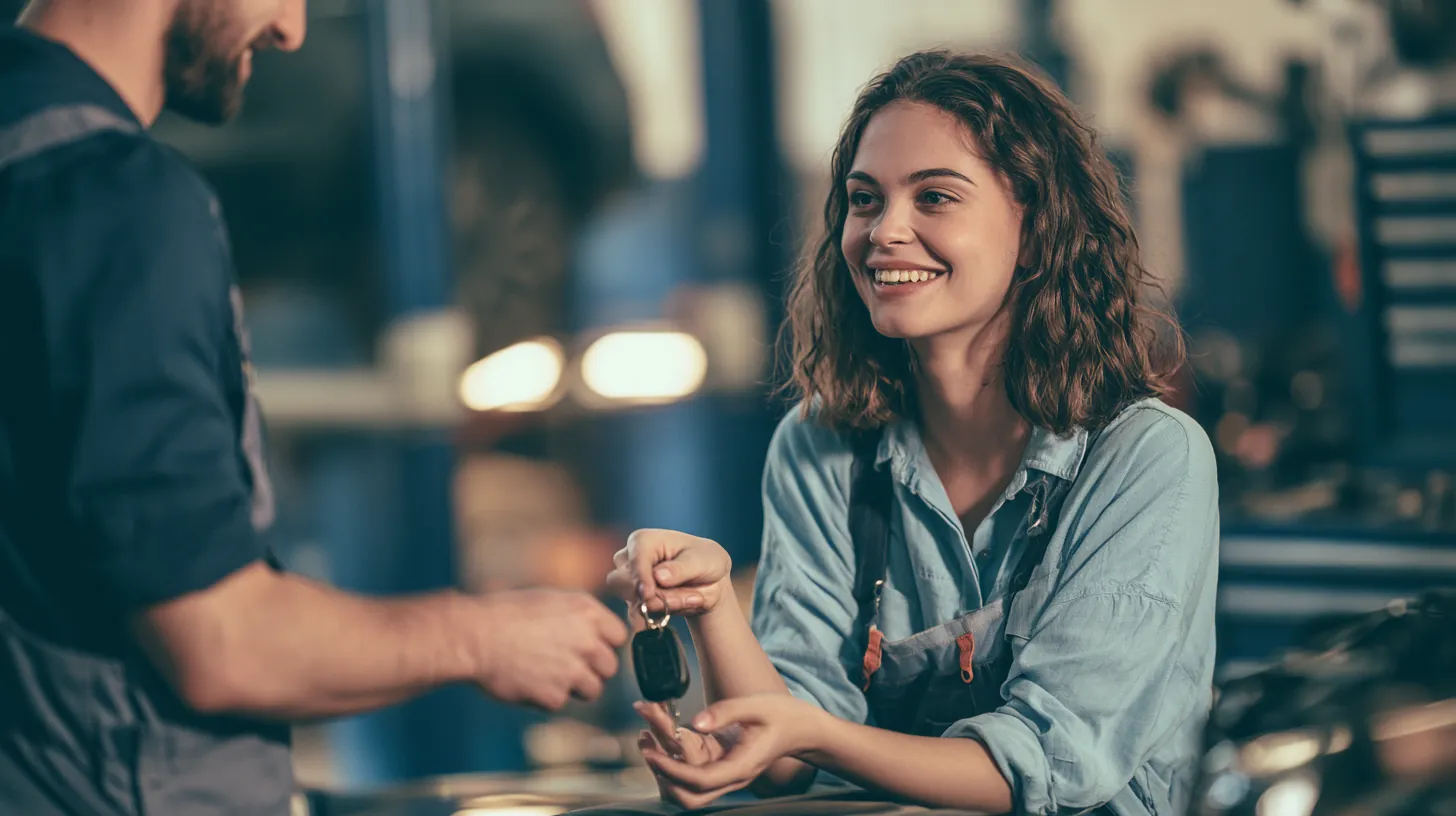 Mechanic handing car keys back to a customer after a repair financed with a pay later plan