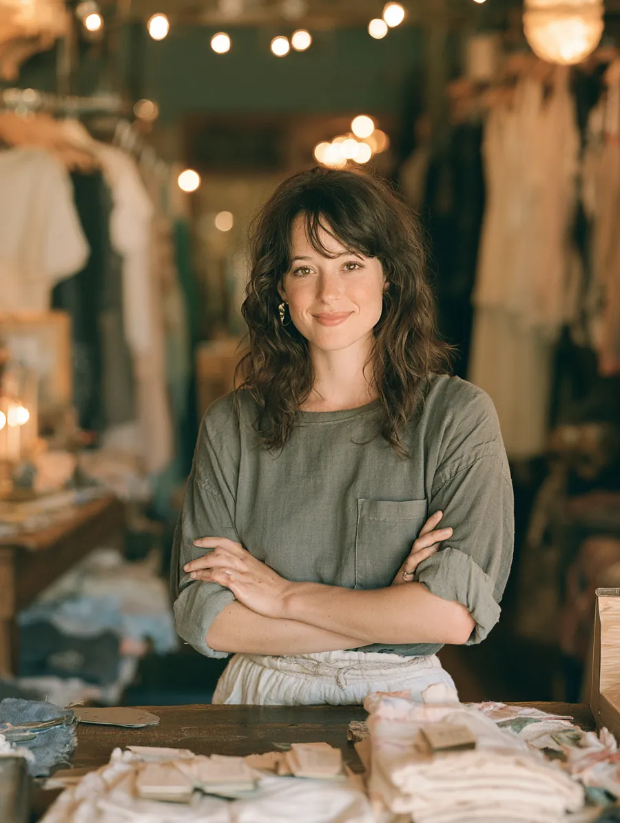 Proud American small business owner standing behind her boutique counter that offers small split payments