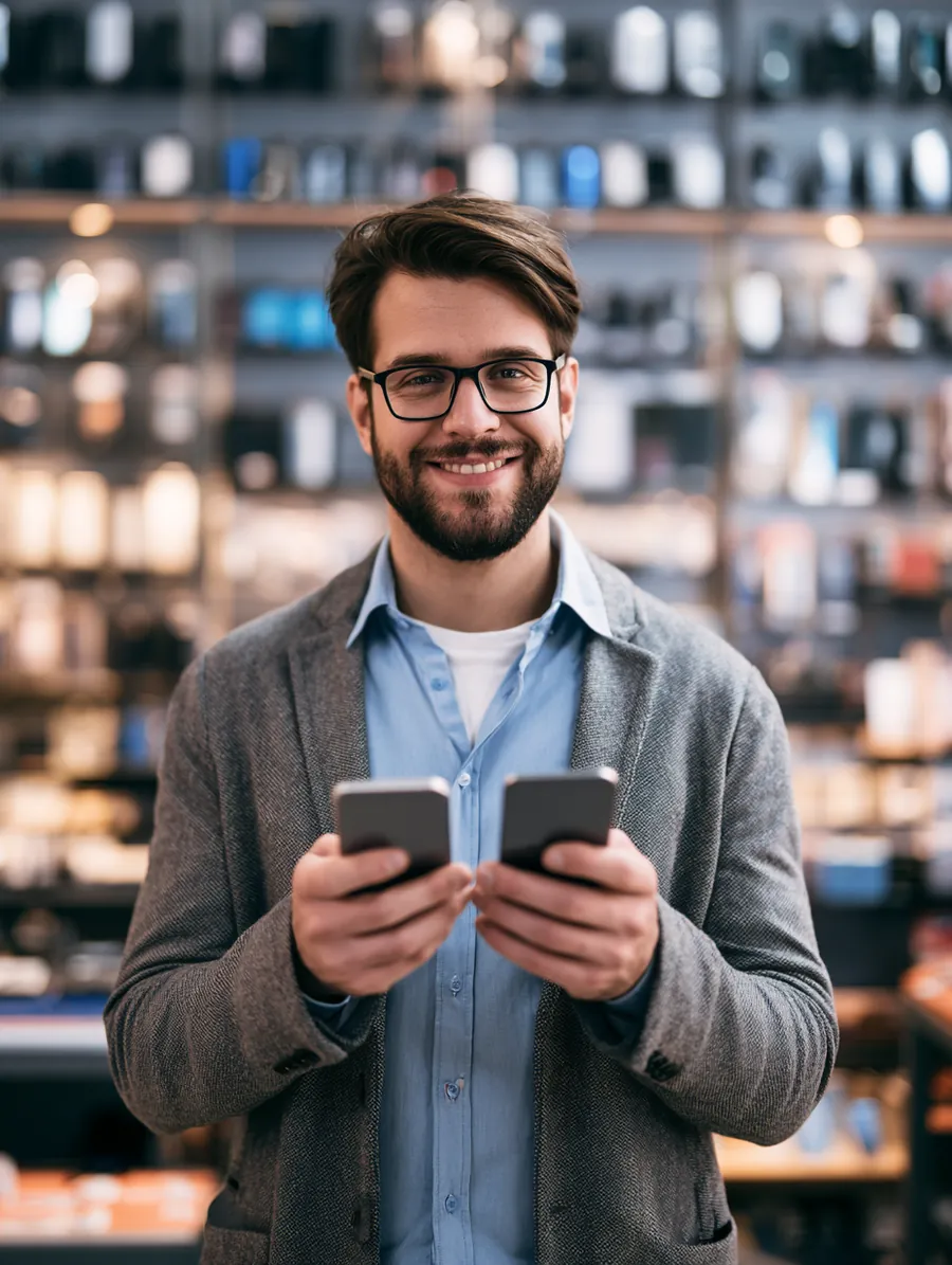 American man holding two smartphones side by side comparing alternative pay later providers