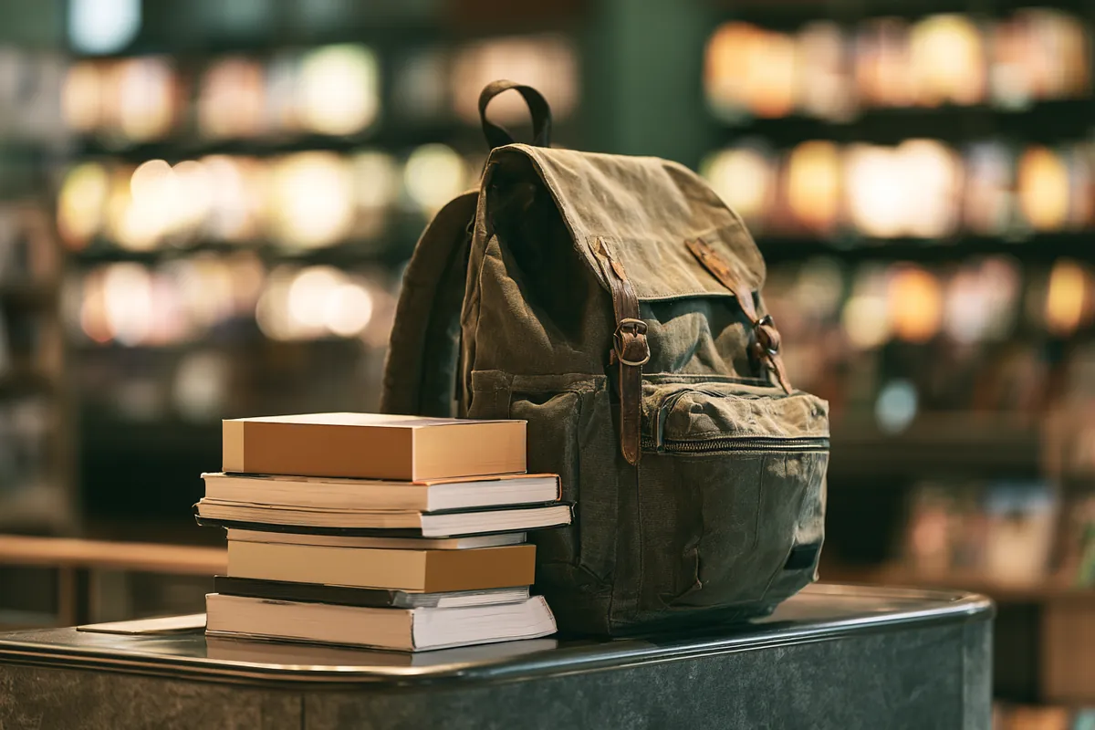 Student backpack leaning against a stack of textbooks bought on a payment plan