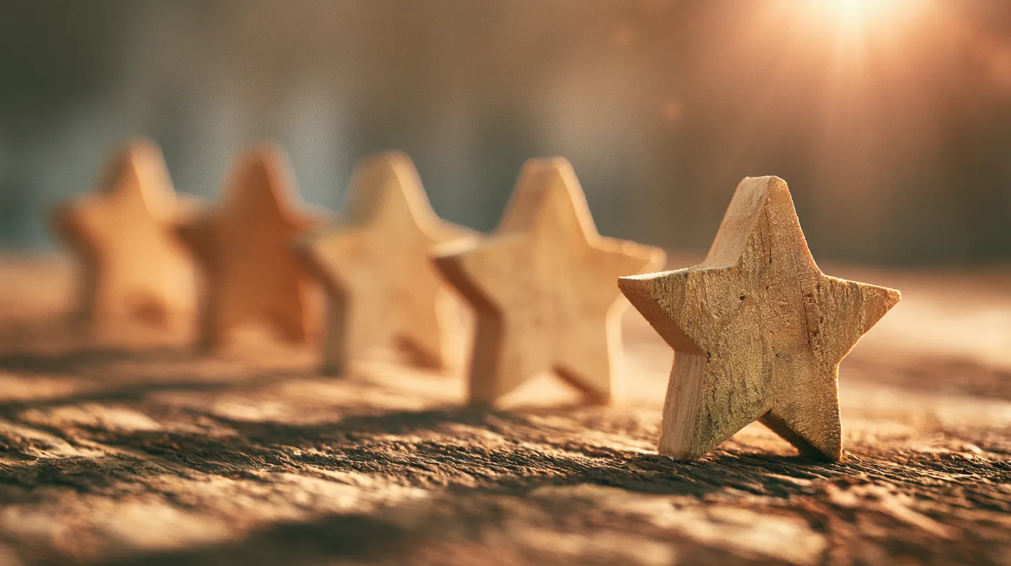 Five wooden stars lined up on a rustic table representing OnePay Later customer ratings