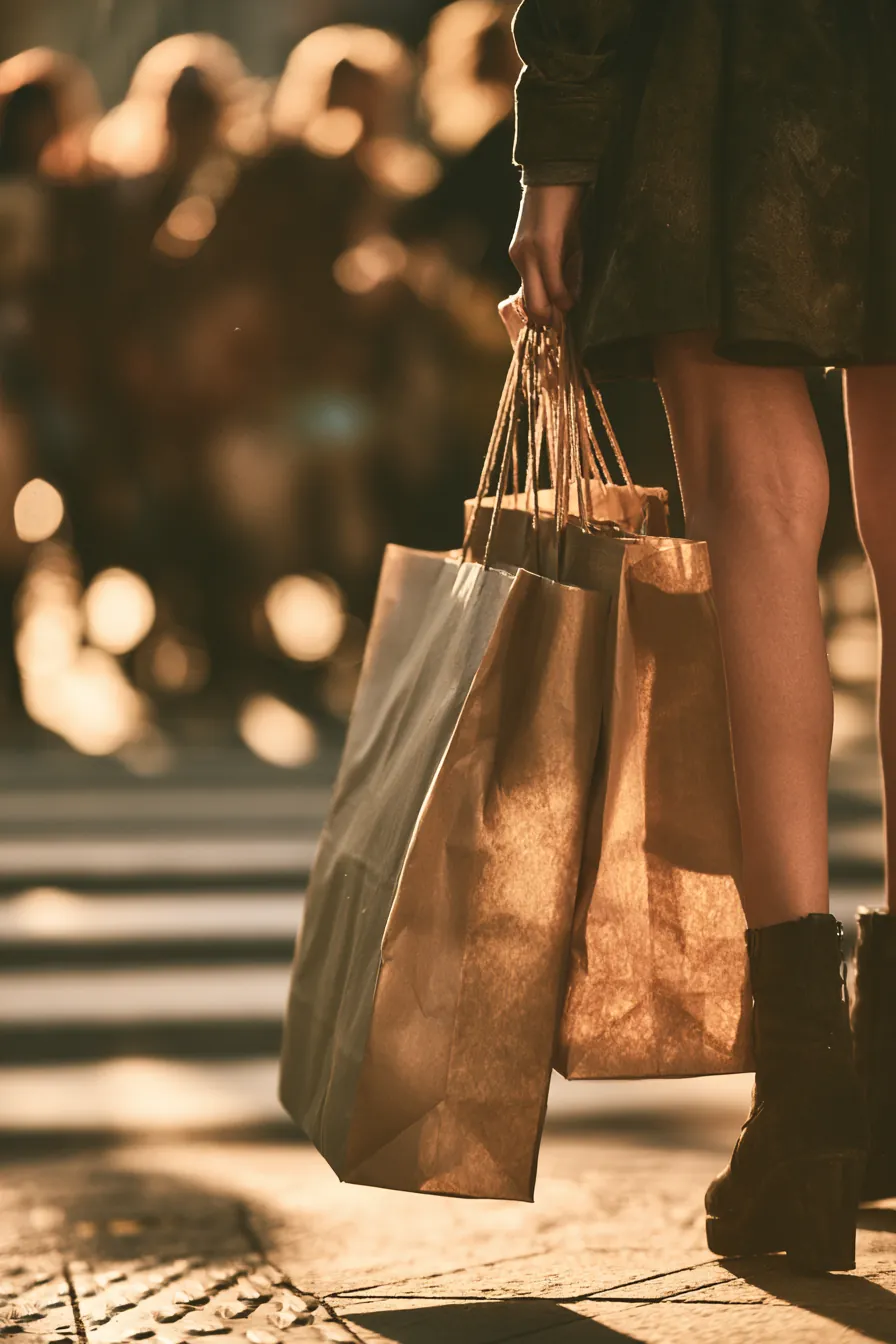 American woman holding paper shopping bags at her side on a downtown sidewalk, balancing spending and saving