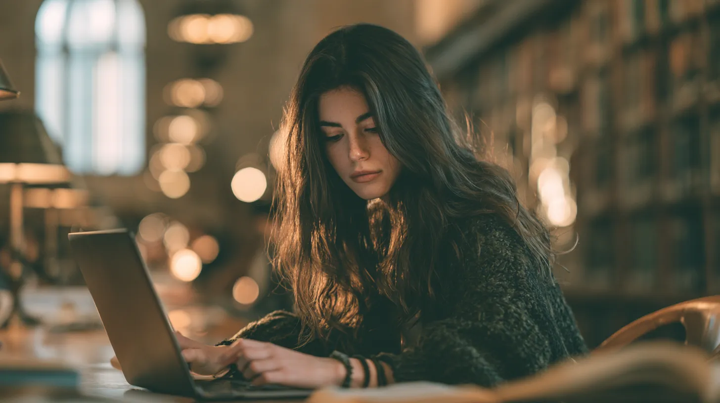 College student typing on a laptop in a library, researching how to pay later for courses
