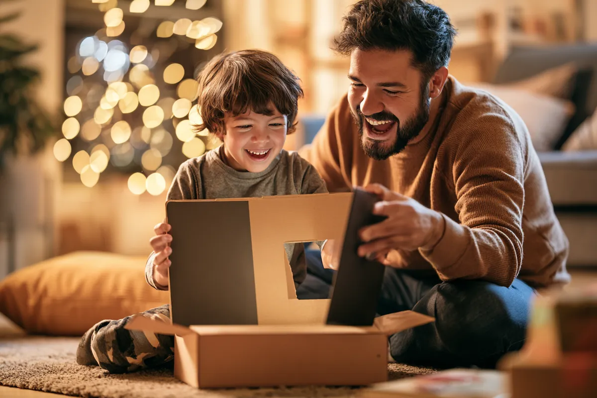 Father and young son unboxing a new laptop financed on a family-friendly schedule