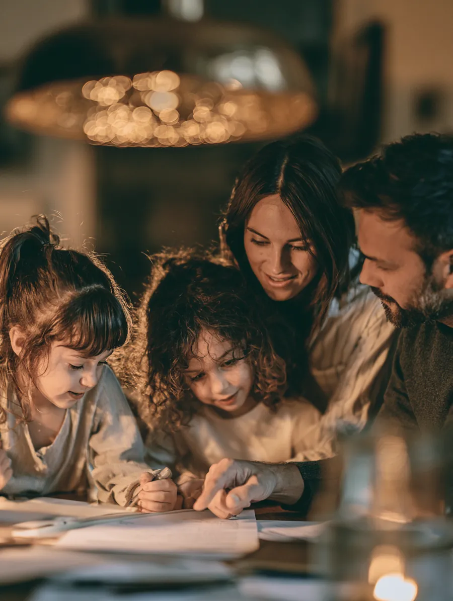 American family leaning over paperwork together at a dinner table while planning one combined payment