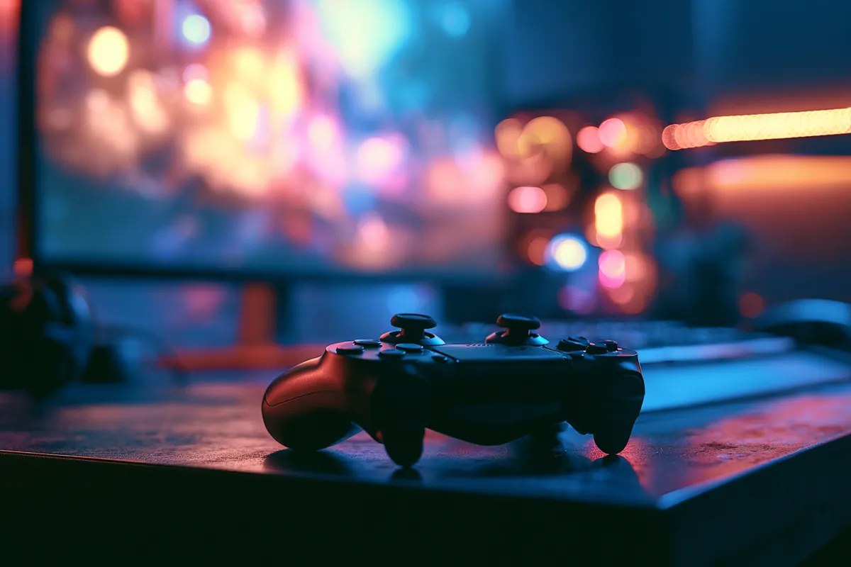 Game controller resting on a desk edge in dramatic light, gear financed responsibly