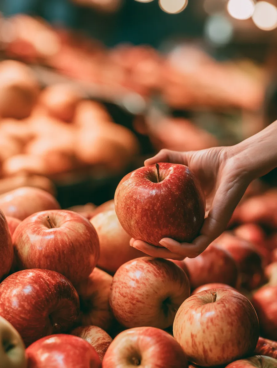 American shopper's hand picking a red apple from a produce display during a planned essentials stock-up