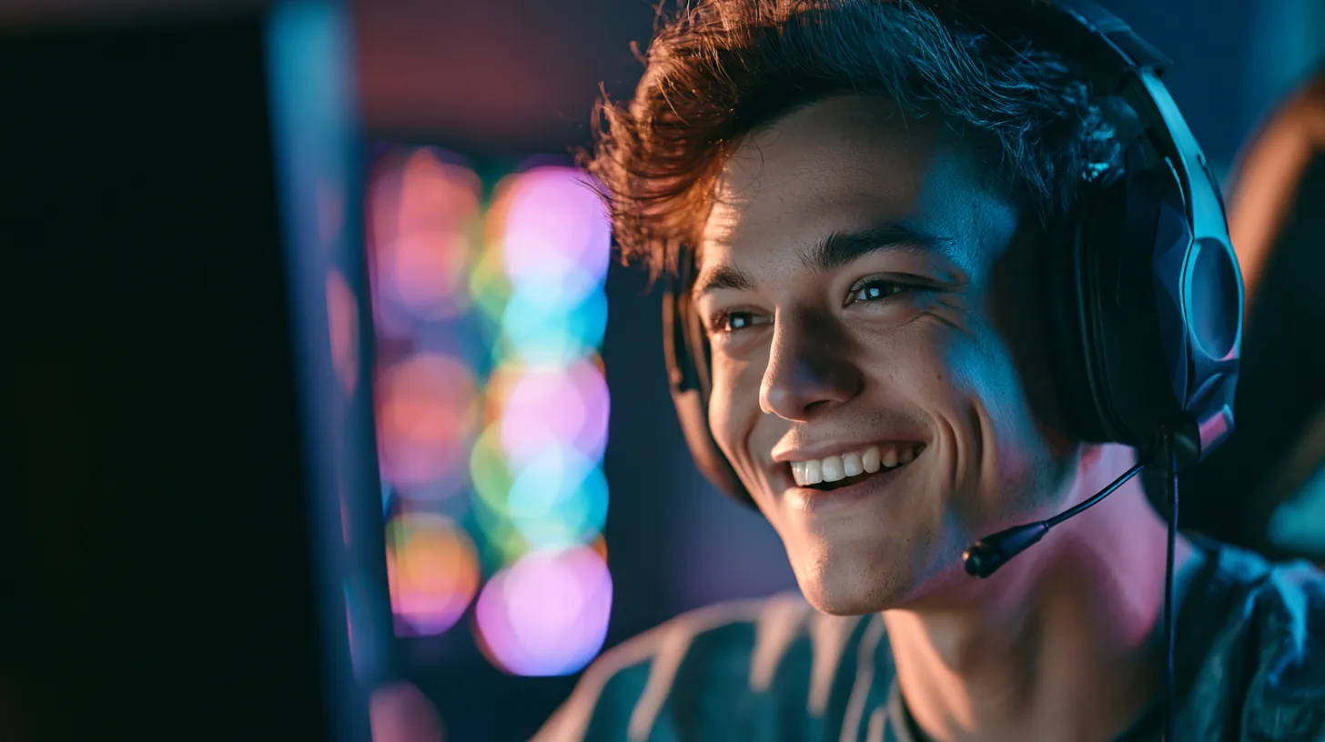 Gamer wearing a headset with colorful bokeh lights, considering pay later financing for gaming gear