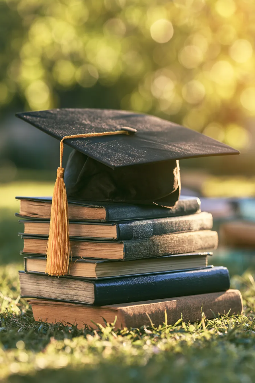 Graduation cap resting on a stack of hardcover books, symbolizing education financed as an investment