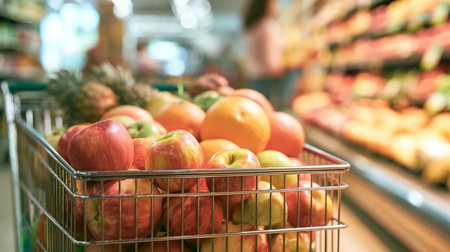 Grocery cart moving through a fresh produce aisle, representing pay later plans for essentials