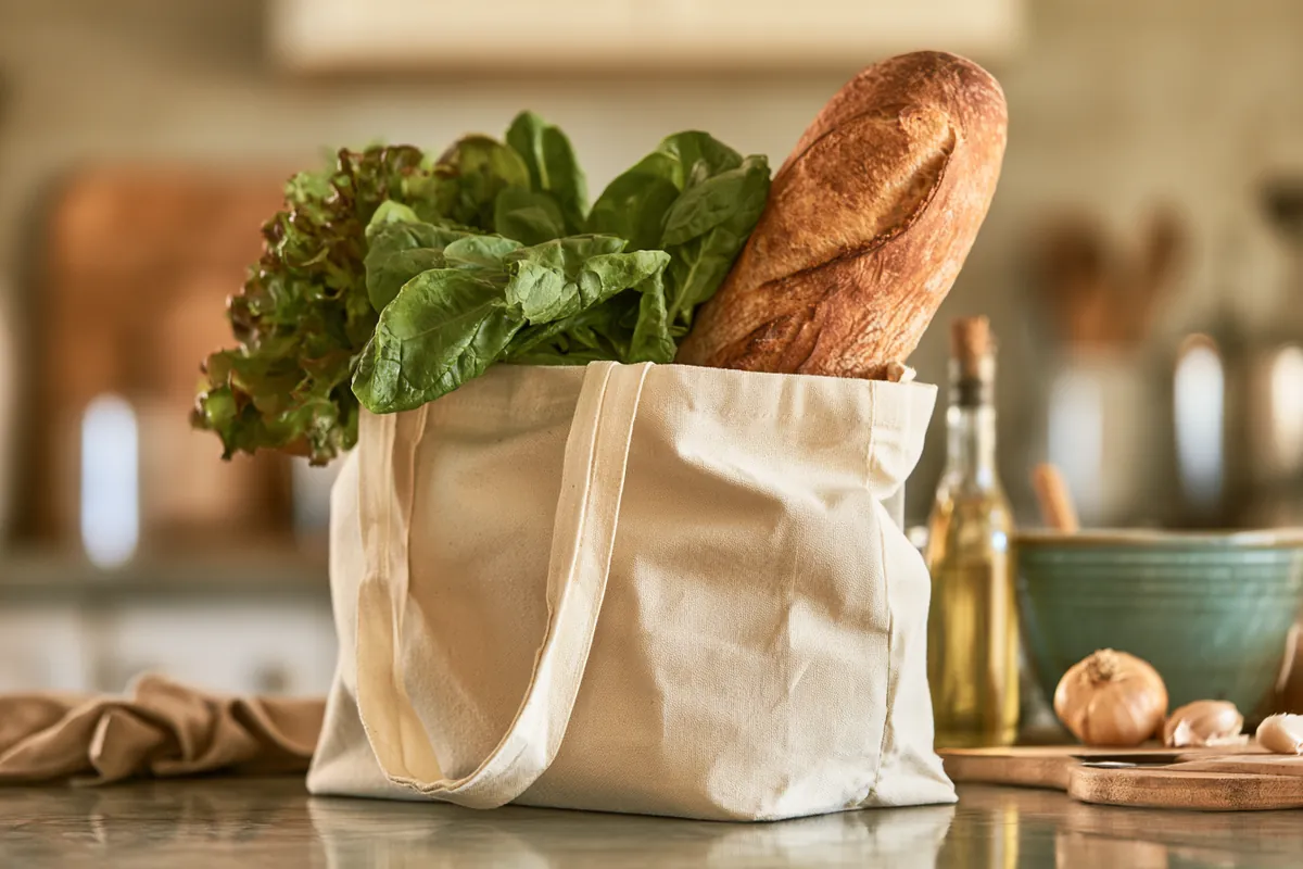 Reusable canvas grocery bag overflowing with fresh staples bought on a tight-week budget