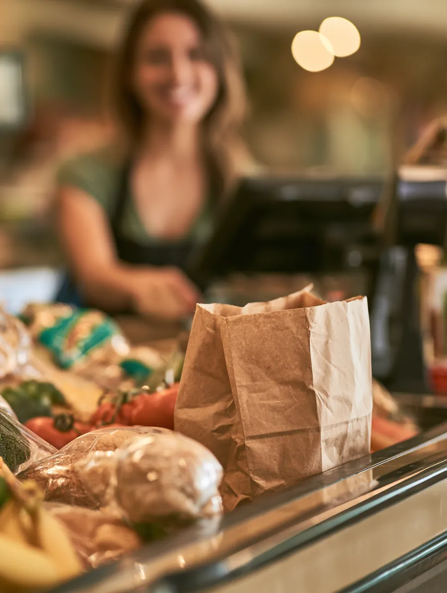 Groceries gliding along a checkout conveyor belt during a carefully planned tight-week shop