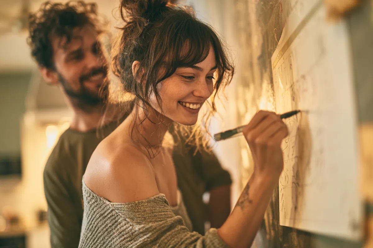 Young couple marking payment dates on a kitchen wall calendar