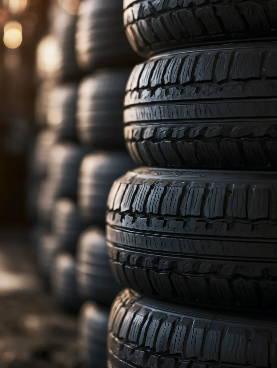 Stack of brand-new tires in a shop corner, a common auto repair cost split into installments