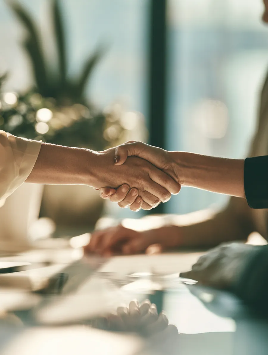 Warm handshake between two professionals across a desk after agreeing on a OnePay Later plan