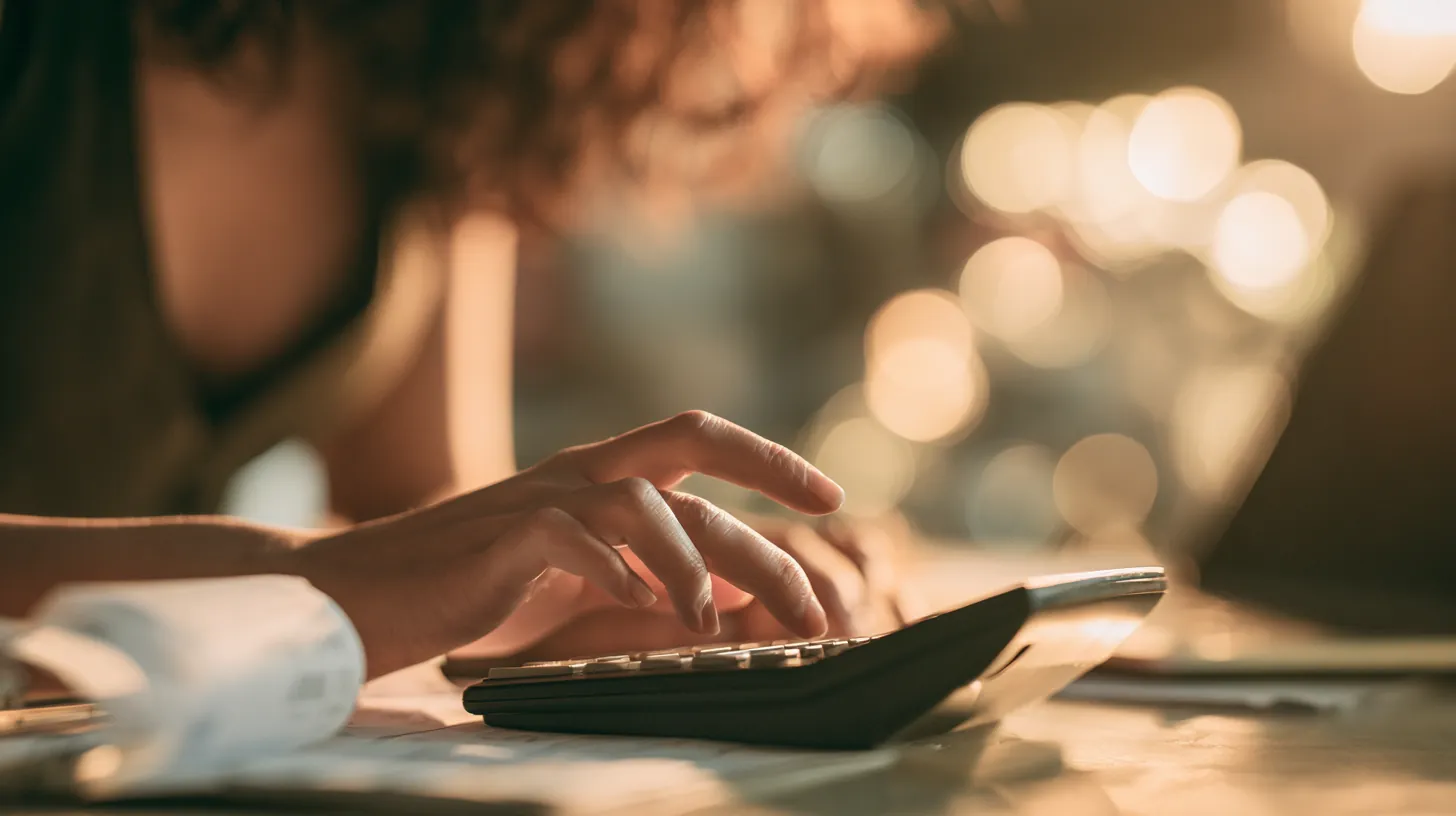 Close-up of hands pressing a desk calculator while estimating a OnePay Later payment