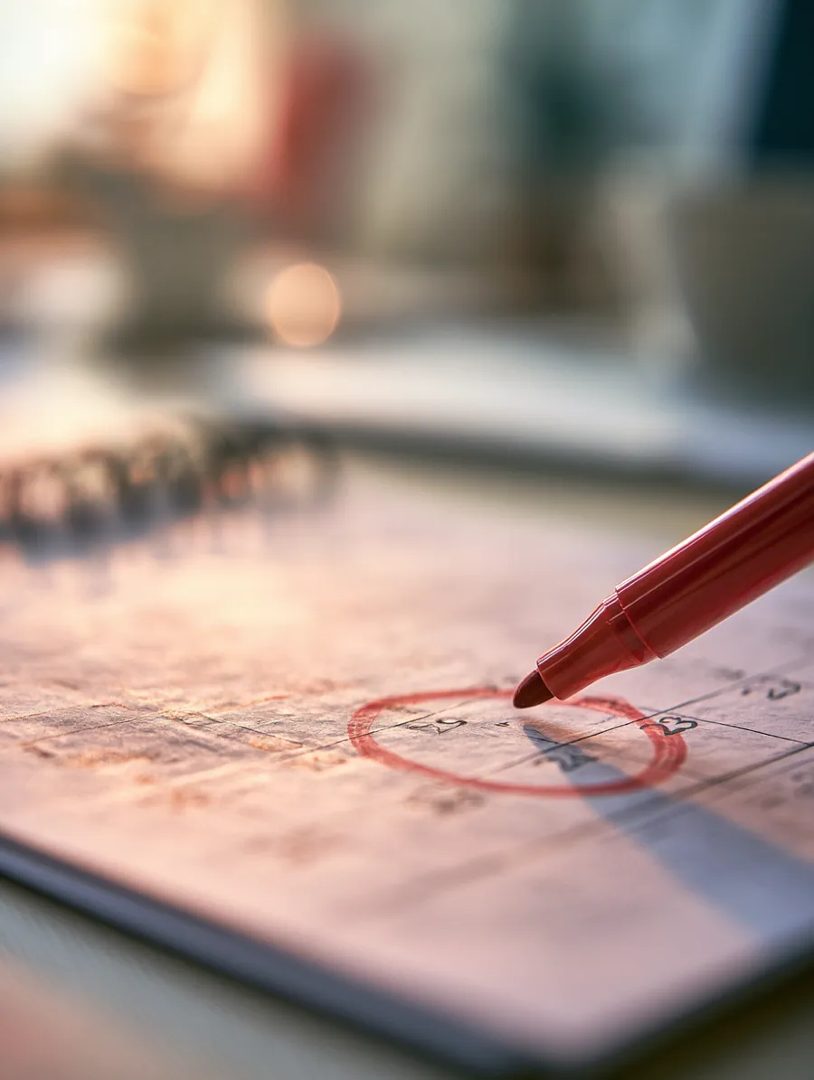 Red marker circling a payment due date on a desk calendar during a fifteen-minute calendar setup