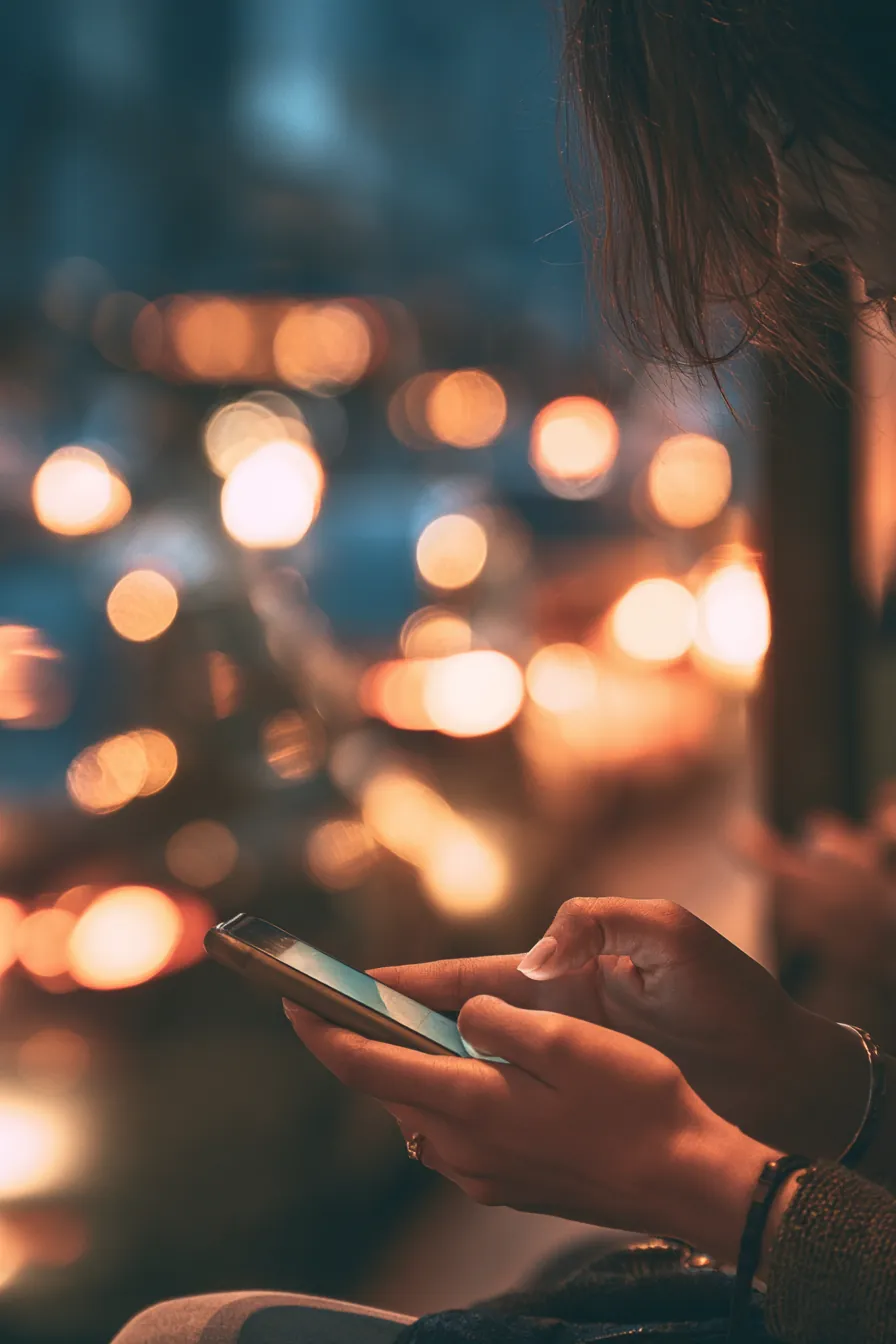 American woman reading pay later payment terms on her phone while waiting at a bus stop