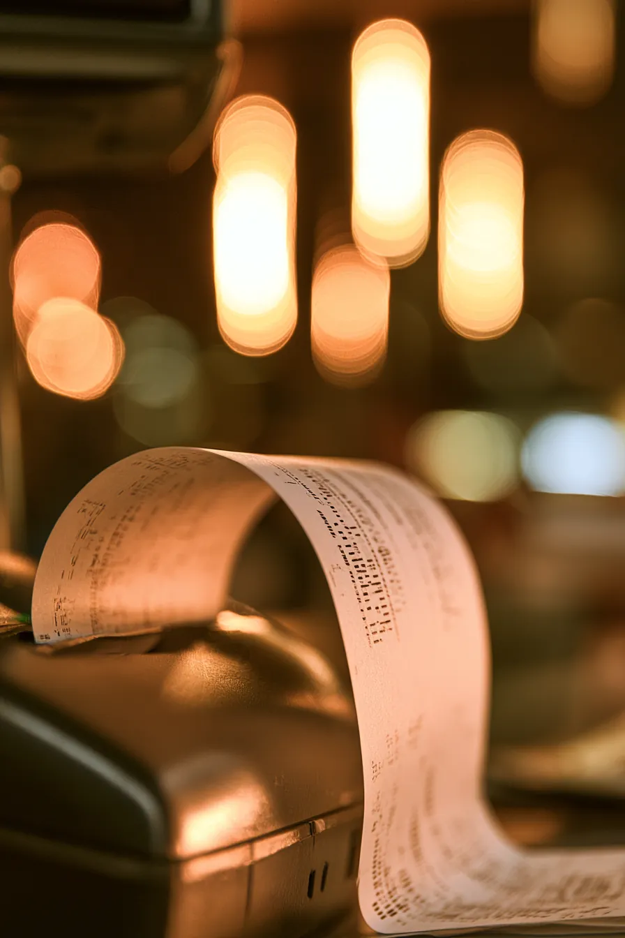 Long paper receipt curling out of a register printer, the purchase record of a single term-sized request