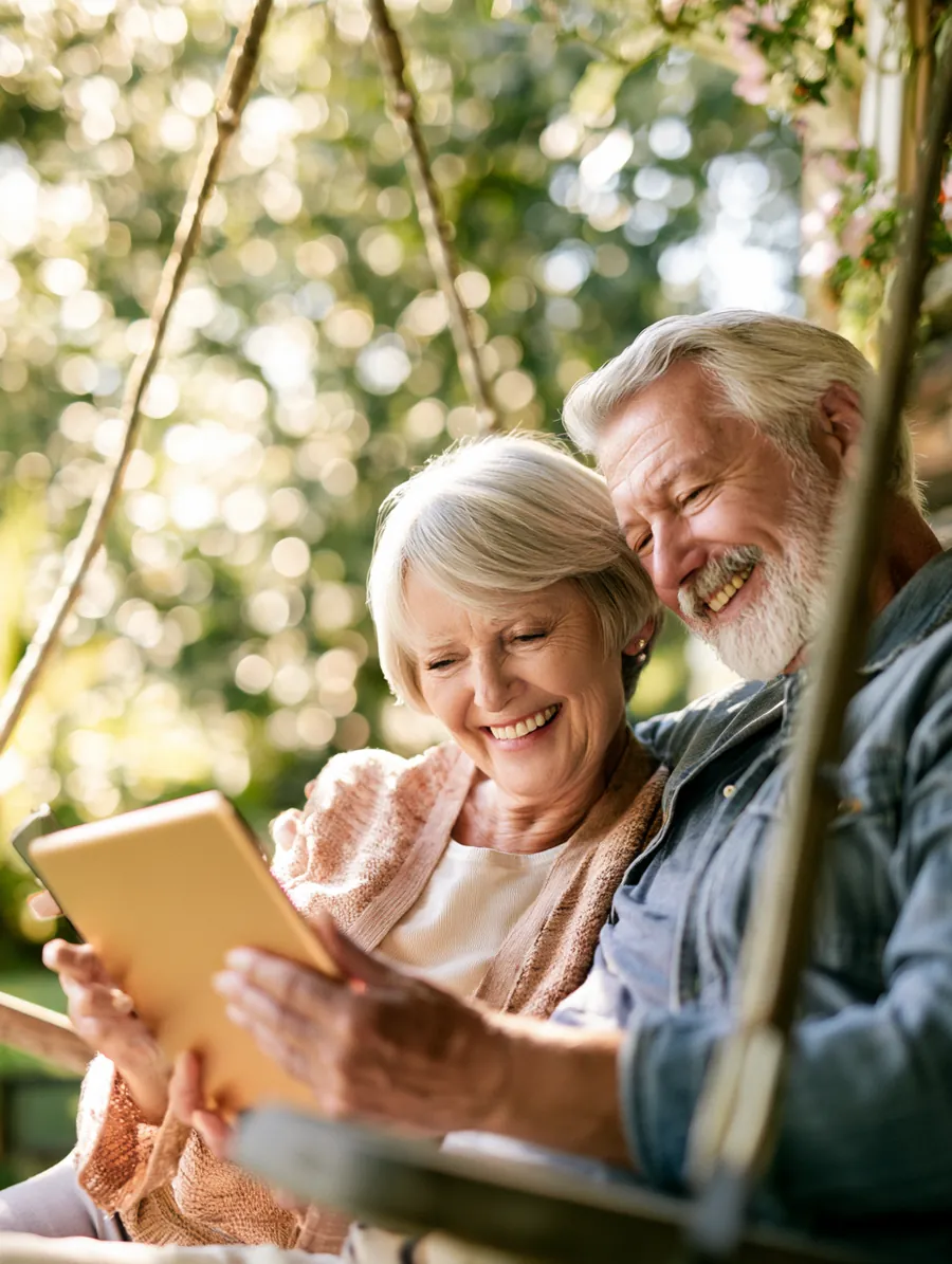 American senior couple on a porch swing browsing OnePay Later reviews together on a tablet