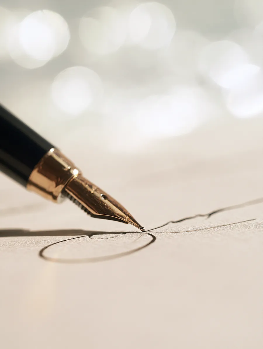 Fountain pen tip touching a signature line, symbolizing the final step of a OnePay Later application
