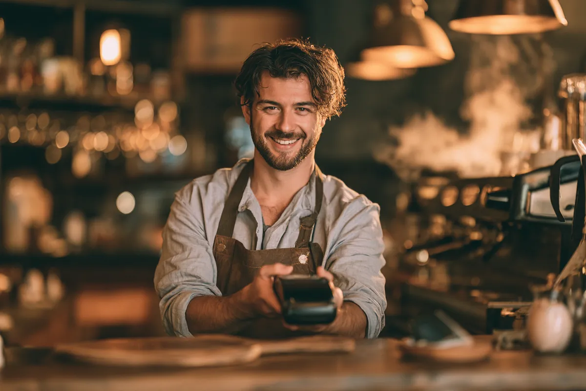 Smiling barista holding out a card reader across a cafe counter