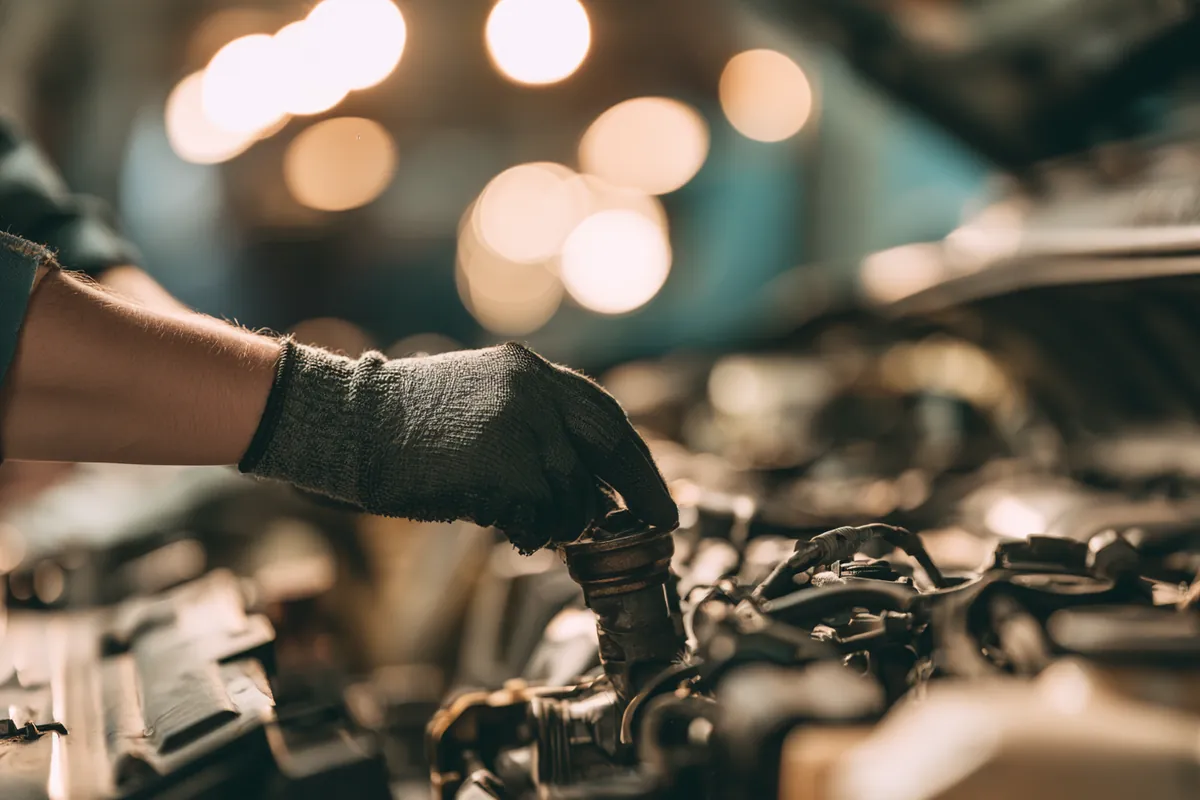 Mechanic's gloved hand inspecting an open car engine before an installment-financed repair