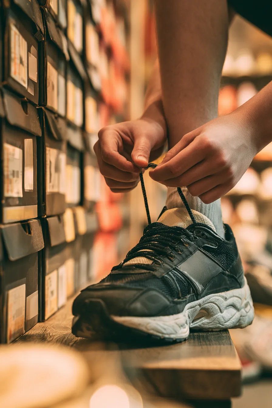 American teenager lacing a fresh sneaker on a store bench while weighing a want against savings