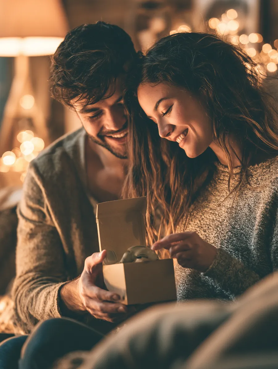 Young American couple on a sofa opening a headphone box from a planned family electronics purchase