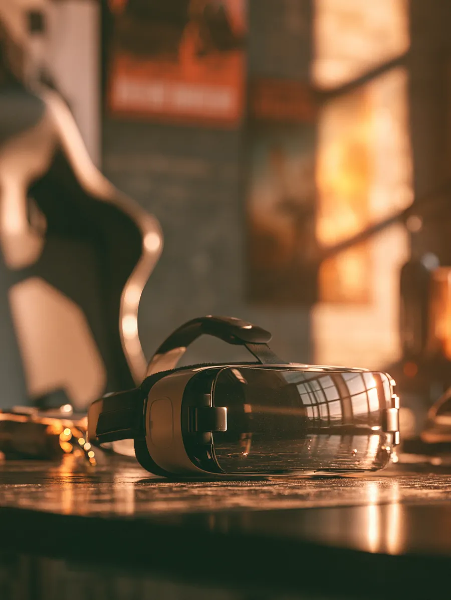 VR headset placed on a desk catching window light, a gaming purchase commonly split with OnePay Later